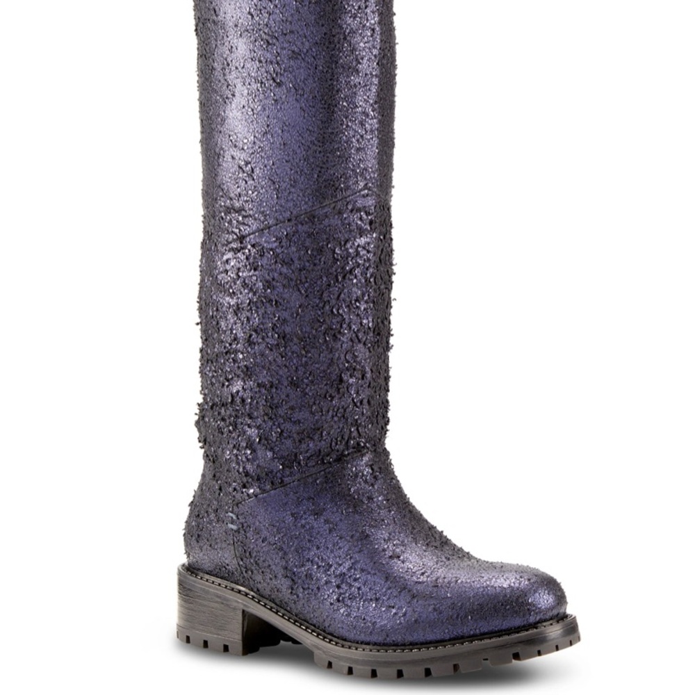 Elena Distressed indigo Shearling lined tall boot